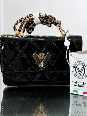 Valentino Orlandi Black Quilted Patent Leather Crossbody Bag Gold Chain Designer
